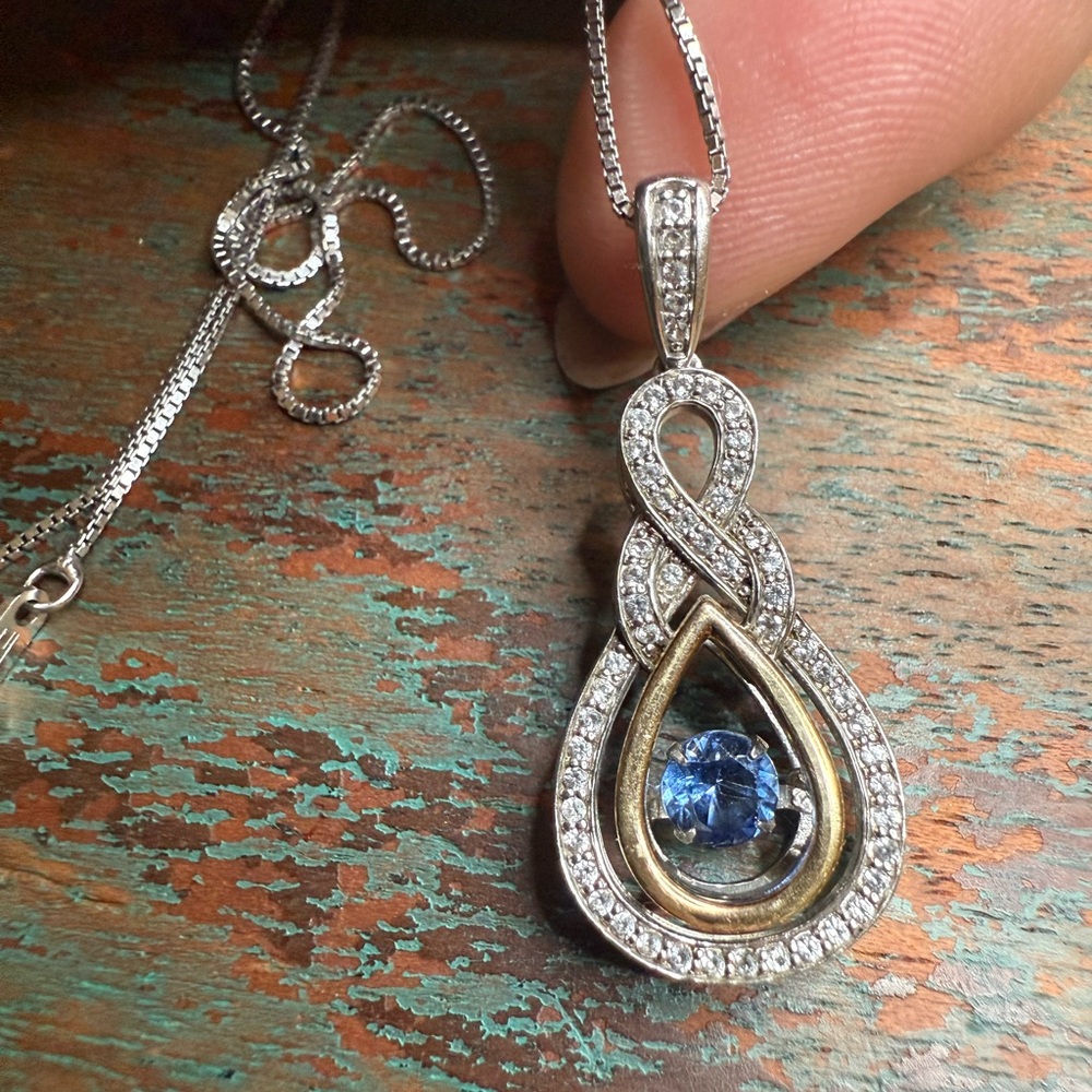 925 Silver and 10kt Gold diamond and sapphire Pendant Necklace